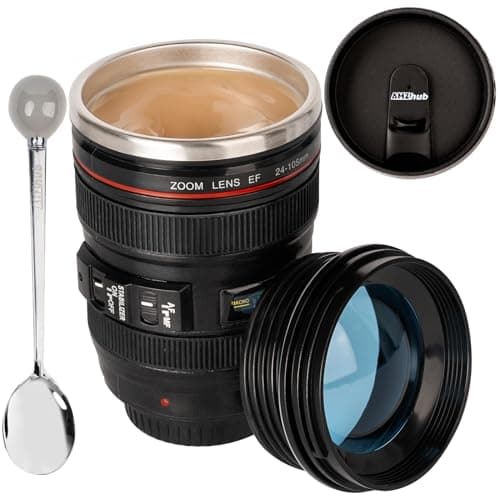 AMZHUB Camera Lens Coffee Mug,Travel Coffee Cup,Stainless Steel Lens Mug Thermos Camera Lens Mug with Lid and Spoon,Cool Gifts for Photographers Men and Women - Image 1