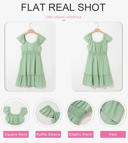 Dokotoo Dresses for Women 2026 Wedding Guest Square Neck Short Sleeve Ruffle Dress High Waist Backless Tiered Smocked Strappy Casual Short Smocked Tiered Ruffle Flowy Dresses Green XX-Large - Thumbnail 5