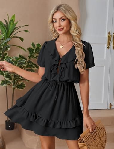 Angashion Womens Tie Front Mini Dress: V Neck Long Sleeve Layer Ruffle Hem Dress with Pockets 2491Black Small - Thumbnail 2