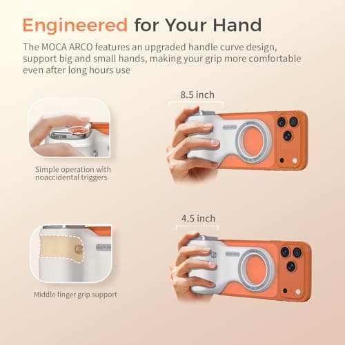 COMITOK Phone Camera Grip MOCA ARCO for Video Recording with Thumb Rest Area Design for iPhone Pro Max, with Enhanced Phone Mount & Detachable Remote for Easy Shooting, Video Call, Support iOS17/18/26 - Thumbnail 4