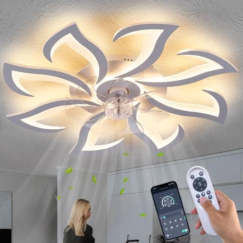 Dalouguan Modern Ceiling Fan with Lights Remote Control, 32" White Flush Mount Ceiling Fan with Light, 6 Speeds 3 Light Color Low Profile Ceiling Fan for Kitchen Bedroom