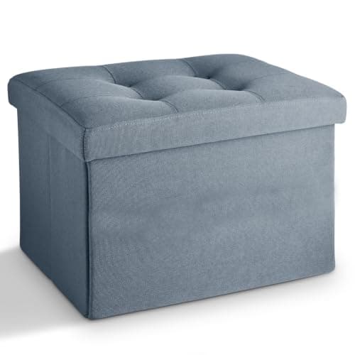 LINMAGCO Storage Ottoman Folding Foot Stool Ottoman with Side Pocket Modern Short Sofa Stool Linen Cloth 17x13x13(FogBlue) - Image 1