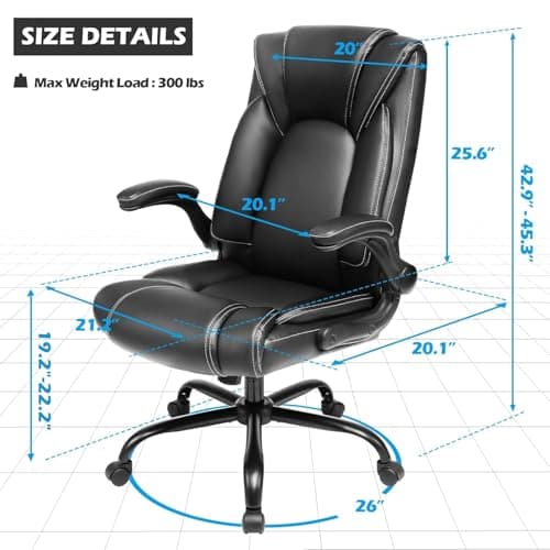 OUTFINE Flip-up Arms Office Chair 300lbs Executive Chair Swivel Office Chair with hydrolysis-Resistant Leather Spring Cushion Thick Padding and Ergonomic Design (Black, Flip Arm Medium) - Thumbnail 3