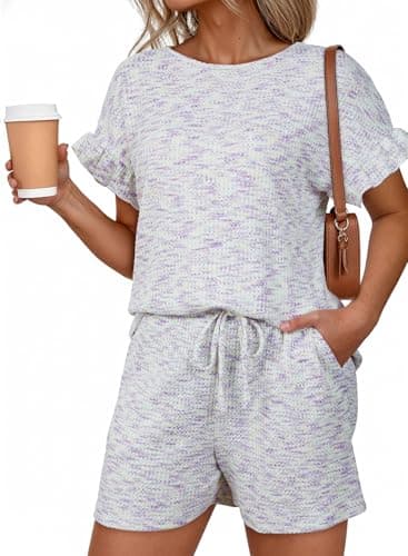 Dokotoo Womens Short Sleeve Shorts Set Soft Viscose 2 Piece Lounge Sets Casual Summer Outfits with Drawstring Waist and Side Pockets White Purple Medium - Image 1