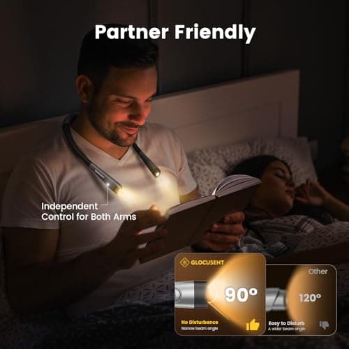 Glocusent Book Light, 3-Color & 6-Brightness Reading Light, Bendable Neck Light, 80-hr Lasting Rechargeable Book Light, Perfect Reading Lights for Books in Bed, Knitting, Repairing, Book Lovers Gifts - Thumbnail 6