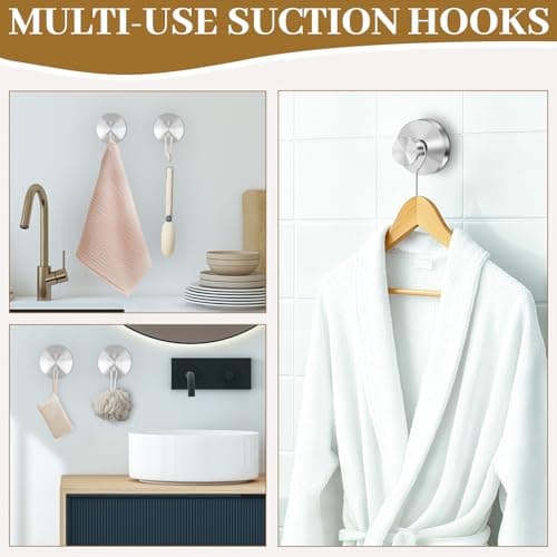 TACGEA Suction Cup Hooks for Shower, Removable Towel Hooks for Bathroom Window Glass, Powerful Vacuum Shower Hook for Towel, Robe, Loofah - 2 Pack, Sliver - Thumbnail 6