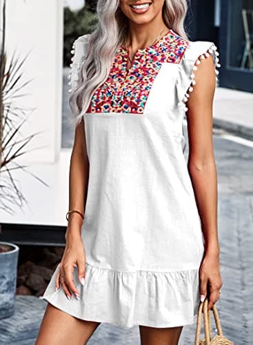 KIRUNDO Women's 2026 Summer Mini Dress Spring Casual V Neck Floral Embroidered Ruffle Sleeveless Shift Flowy Boho Dress (B-White, Large) - Thumbnail 2