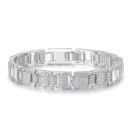 TRENDOLLA Mens Stainless Steel Bracelet, 7.5/8 inches Dainty Hiphop Cuban Link Chain Bracelet White Gold and 14K Gold Plating (Style04-White Gold) - Image 1