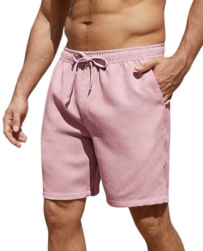 CoozySphere Pink Linen Shorts for Men 7 Inch Casual Solid Men's Chino Shorts Relaxed Fit Beach Travel Drawstring Trousers - Image 1