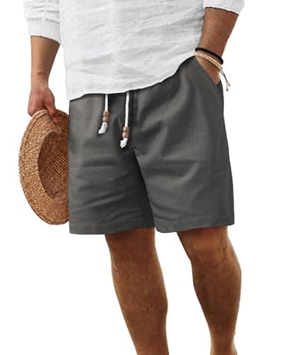 ZKMAN Men's Cotton Linen Shorts Elastic Waist Drawstring Casual Shorts Lightweight Summer Vacation Beach Shorts with Pockets(Dark Gray S) - Image 1