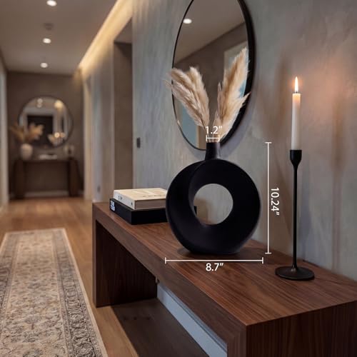 DSYSMIN Modern Black Ceramic Donut Vase - 10.24" Matte Circular Hollow Vase, Minimalist Nordic Style Home Decor for Living Room, Mantel, Entryway (Watertight & Handmade) - Thumbnail 4