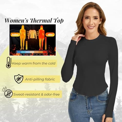MeetHoo Women Thermal Underwear Shirts, Long Sleeve Thermal Tops Winter Warm Fleece Lined Base Layer for Skiing Running - Thumbnail 5