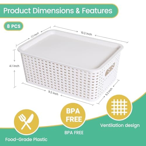 Ohmlove Plastic Storage Baskets with Lid - Plastic Storage Containers Stackable Storage bins: Storage Baskets for Organizing Shelves Drawers Desktop Closet Playroom Classroom Office, 8 Pack-White - Thumbnail 2
