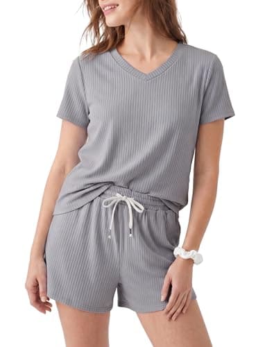 PATPAT Womens 2 Piece Pajamas Sets Ribbed Knit Soft Sleepwear Short Sleeve Lounge Sets Summer Pjs Outfit with Pockets Grey, XL - Image 1