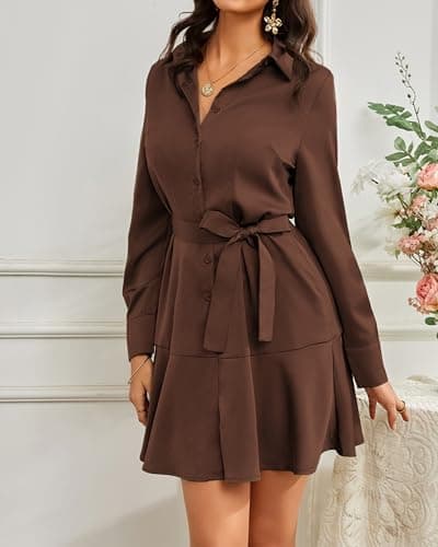 Women Long Sleeve Casual Satin Button Up Down Front Midi Belt Shift Collar Shirt Dress with Pocket Ladies Deep Dark Brown Chocolate Work Office Business Holiday Vocation Ruffle Hem Dresses - Thumbnail 3