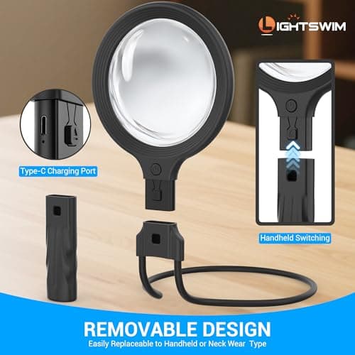Neck Wear Magnifying Glass with Light for Close Work, 5.5 Inch 5X Handheld Lighted Magnifier for Reading Books, Included 2PCS Upgrade 10X Small Magnify Glasses with Protective Sheath - Thumbnail 2