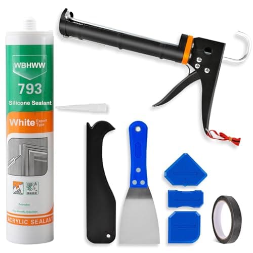 Professional Caulk Gun Kit, White Silicone Sealant + Caulk Gun + Caulking Tool Kit - All-Purpose 100% Silicone Caulk (10 oz Tube), with Caulk Gun, Smoothing Tool, Scraping Tool and Masking Tape - Image 1