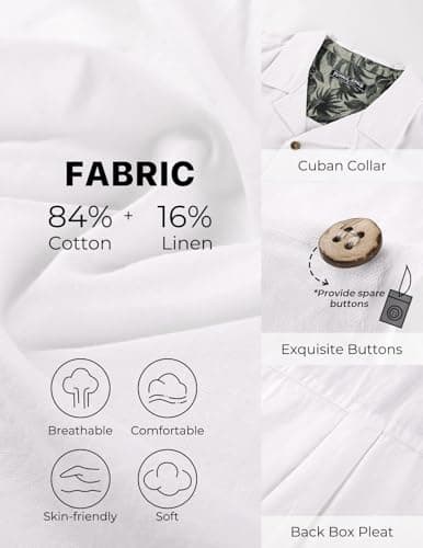 PJ PAUL JONES Mens Linen Shirt Short Sleeve Cotton Hawaiian Button Up Shirts for Men Casual Cuban Summer Beach Shirts with Pocket White - Thumbnail 3