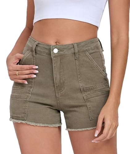 Aotasely 2026 Women's Stretchy Cargo Denim Shorts Mid Rise Jean Shorts Raw Hem Jorts with Pockets Short Jeans 3.5" Inseam - Image 1