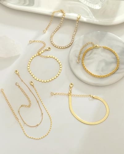 Gold Bracelets for Women 14K Gold Plated Stack Trend Bracelets Charm Paperclip Chain Cuban Link Layered Waterproof Bracelet Dainty Bracelet for Women Jewelry Gifts (Gold 6Pcs) - Thumbnail 6
