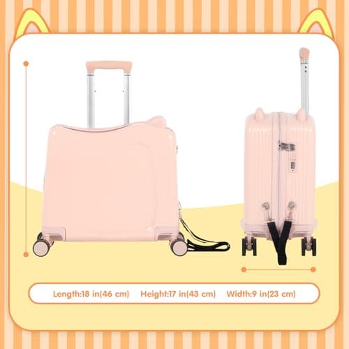 smilesun 20" Ride-On Travel Suitcase for Kids, Cute Ear Toddler Carry on Luggage with Spinner Wheels & Anti-Lose Rope, Children Rolling Trolly Luggage with Password Lock (Pink with Rope) - Thumbnail 6