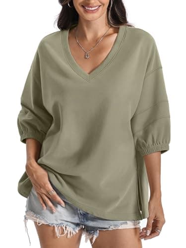 EasyGala Womens Cotton V Neck Sweatshirt 3/4 Sleeve Slouchy Fit Going Out Tops Trendy Side Slit Work Shirt Casual Fall Lightweight Outfits Y2K Winter Clothes 2025 Dolphin Medium - Image 1