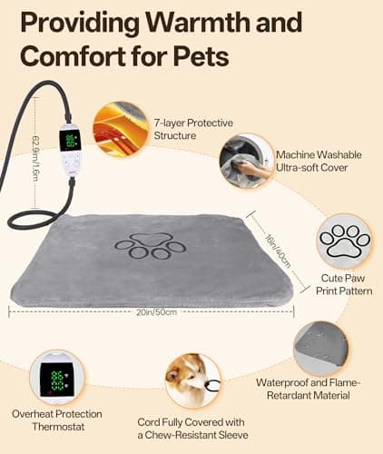 Ringco Pet Heating Pad for Cats & Small Dogs with 12 Adjustable Temperature, Waterproof & Chew Resistant Cat Heating Pad with Timer, Heated Cat Bed with Fleecy Cover (S: 20” x 16”) - Thumbnail 2