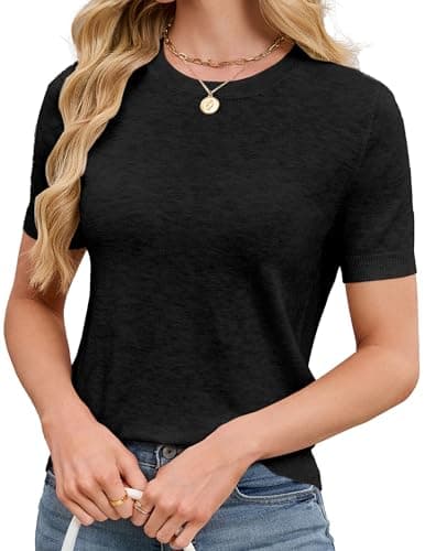 SunnyMelody Womens Short Sleeve Sweater Tops Wool Knit Cashmere Lightweight Crew Neck Loose Fit Teacher Office Blouses Shirts Capsule Wardrobe Dressy Business Outfits Travel Summuer 2026 Black M - Image 1