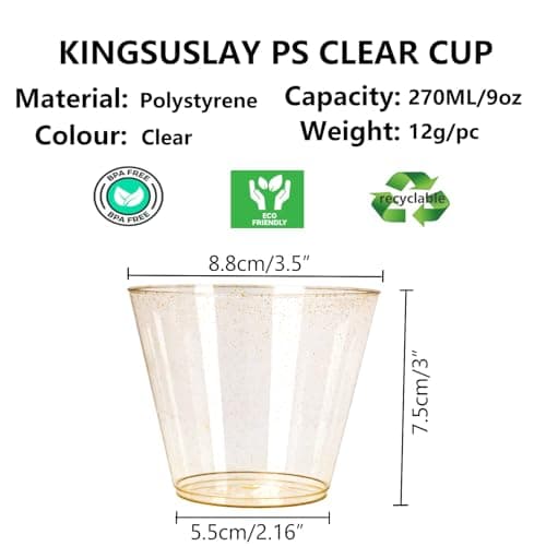 KINGSUSLAY 50 Pack Plastic Cups, 9 oz Glitter Disposable Gold Cups, Clear Plastic Tumblers and Clear Party Cup for Weddings, Birthday,Thanksgiving, Christmas,etc. - Thumbnail 2