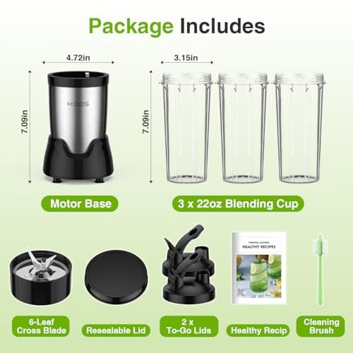 KOIOS Blender for Smoothies,Personal Blender for Shakes and Smoothies with 3 * 22oz To-Go Cups,22000 RPM Smoothie Maker,Detachable 6-leaf Blade Portable Blenders for kitchen,Black - Thumbnail 4