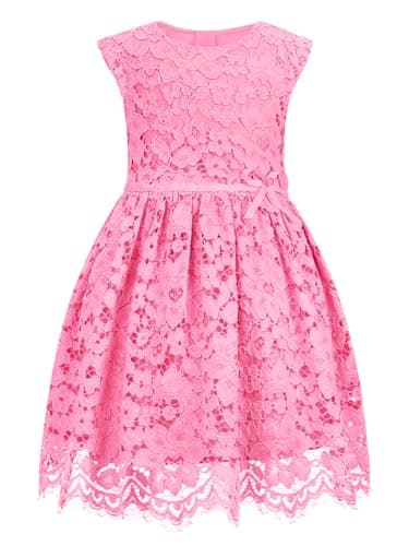 ALLOVIN Girls & Toddlers Sleeveless A-Line Lace Party Dress Birthday Wedding & Flower Girl Dress with Beaded Bowknot | Rose Pink | 3-4T - Image 1