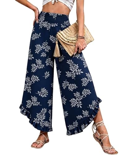 IEEILULU Wide Leg Pants for Women - Beach Pants for Women Flowy Floral Palazzo Pants High Waisted Pants Beach Vacation Outfits Navy Blue Flower S - Image 1