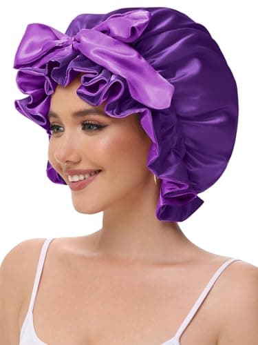 Vettres Cute Adjustable Silk Bonnet for Sleeping Double Layer Satin Cap Hair Sleep Bonnet for Curly Hair Purple - Thumbnail 5