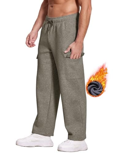Deyeek Men's Fleece Sweat Pants Winter Heavyweight Cargo Sweatpants for Men Cotton Wide Leg Jogger Sweatpants with Pockets Dark Grey - Thumbnail 5