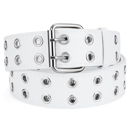 SANSTHS Women Double Grommet Studded Belts, white Leather Belt for Women Men Punk belt,white,M - Image 1