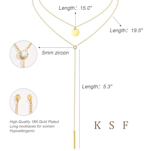KSF Gold Lariat Necklace for Women - Dainty 18k Gold Plated Long Y Necklaces Y-Shaped Layered Long Necklaces for Women, Beaded Cubic Zirconia Drop Chain Necklace Trendy Jewelry Gifts - Thumbnail 6