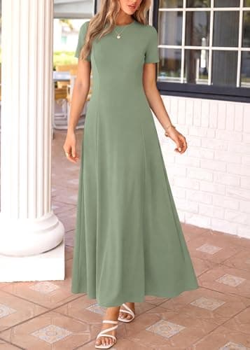 KIRUNDO Wedding Guest Dresses for Women 2026 Spring Summer Short Sleeve Pleated Long Flowy A Line Formal Maxi Dress Pockets(Sage Green, Large) - Thumbnail 4