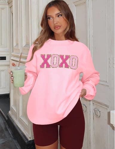 LETSEE Valentine Sweatshirt for Women Glitter Patch Lover Letter Pullover Tops Chenille Patch Oversized Clothes(Pink, Small) - Thumbnail 3