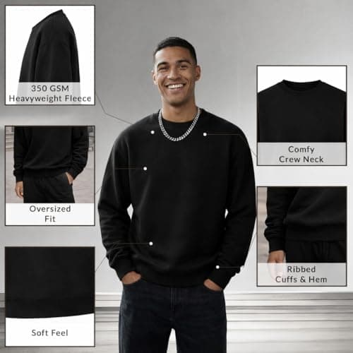 Rocawear Oversized crewneck Sweatshirt Long Sleeve Cotton Washed Fleece XXL Heavyweight 350 GSM Relaxed Fit Casual Pullover - Black, XX-Large - Thumbnail 4