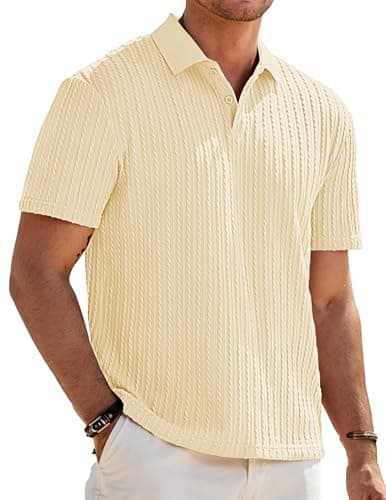 JMIERR Mens Fashion Polo Shirt Spring Short Sleeve Vacation V Neck Dress Shirts Beach Knit Men Gift, L, Yellow - Image 1