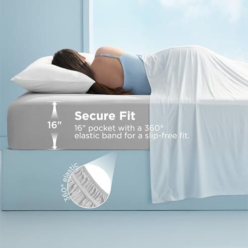 Bedsure Cooling Fitted Sheet Queen Size for Hot Sleeper, Queen Fitted Sheet Only with 360° Elastic Corner Straps, Q-Max 0.4, Temperature Regulation Bedding for Night Sweats, Up to 16" Deep, Grey - Thumbnail 4