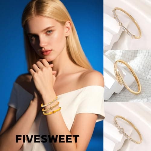 Pack of 6 - Gold Bracelet Bangles Bulk Set for Women,Trendy Stackable, Zinc Alloy Rivet & Four-Leaf Clover Design Stackable Bangles with Rhinestones, 7-inch Circumference Fits Most Adults, Jewelry Gift for Her, Girlfriend, Wife, Mom, Sister, Lover on Birthday, Christmas, Valentine's Day, Mother's Day - Thumbnail 2