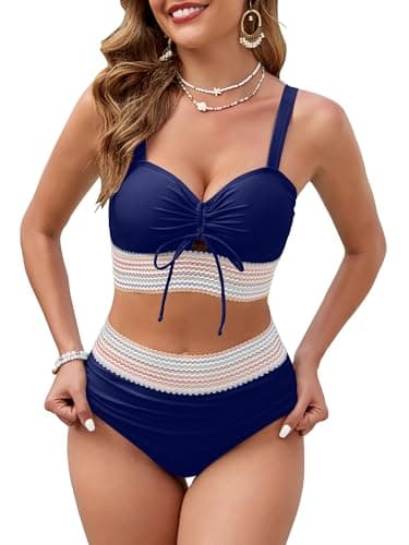 VIAURBE Women High Waisted Bikini Sets Swimsuits Color Block Two Piece Drawstring Bathing Suit Navy S - Image 1