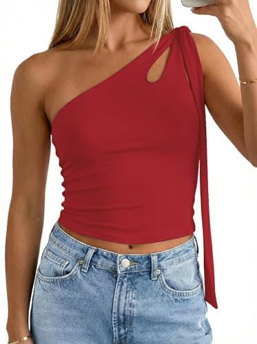 Matunana Womens One Shoulder Tops - Going Out Crop Y2k Cute Tank Top, 2026 Summer Shirt Trendy Outfits Red S - Image 1