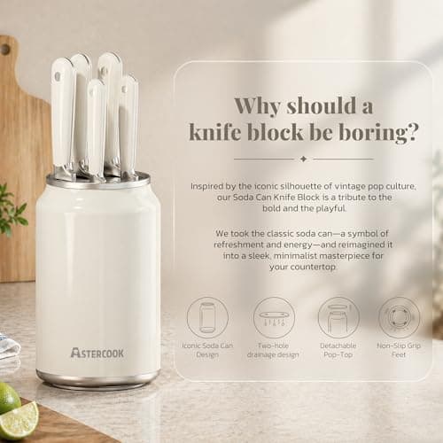 Astercook 6-Piece Kitchen Knife Set with Soda Can-Inspired Block, Full Tang High Carbon Stainless Steel Knives, Retro Cream Design, Dishwasher Safe Knife Sets & ABS Handles - Perfect Kitchen Gifts - Thumbnail 6