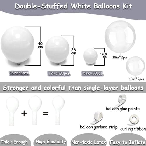Double Stuffed White Balloon Garland - Pastel White Balloons Different Sizes 18/12/5 Inch Matte Latex Arch for Birthday Baby Shower Bridal Shower Wedding Easter Party Decorations - Thumbnail 3