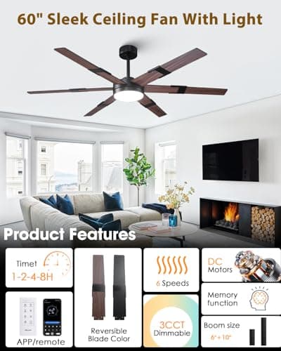 Vaczon 60 Inch Ceiling Fans with Lights and Remote, Modern Large Black Ceiling Fan for Indoor or Covered Outdoor, 3CCT,Reversible DC Motor Dual-Sided Blades High CFM Ceiling Fan for Living Room Garage - Thumbnail 2