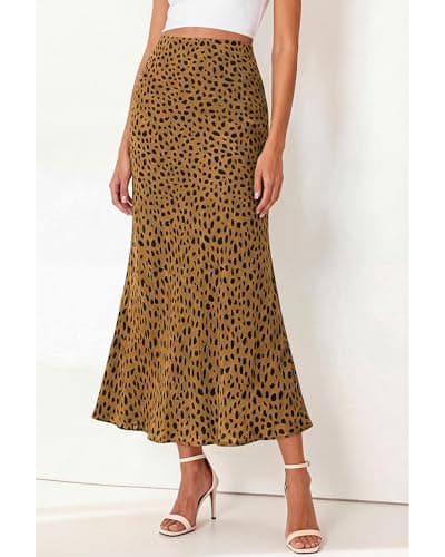 BTFBM Satin Skirts for Women Trendy Spring Summer 2026 High Waisted Leopard Print Cocktail Wedding Long Silk Midi Skirt(Dot Brown Black, Medium) - Thumbnail 5