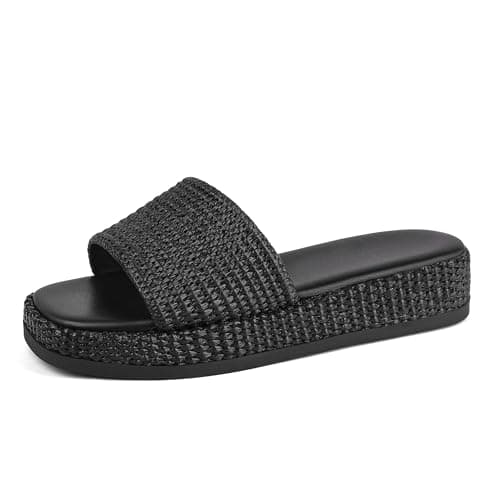 Celbreez Black Platform Sandals Espadrilles Wedges for Women Raffia Summer Sandals 2026 Slip On Low Wedge Slide Straw Comfortable Cute Beach Vacation Shoes Casual Daily Outfit