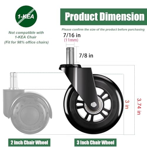 TESUMI Office Chair Wheels 3 Inch Roller Blade Rubber Chair Casters Replacement, Heavy Duty Quiet No Scratch Gaming Chair Wheel for Hardwood Floor Carpet, Set of 5, 11mm Universal Fit/Not for 1KEA - Thumbnail 3